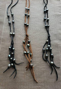 Black Tahitian pearls suede leather necklace, lariat style Y necklace, 3rd anniversary gift for wife,