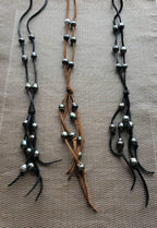 Black Tahitian pearls suede leather necklace, lariat style Y necklace, 3rd anniversary gift for wife,