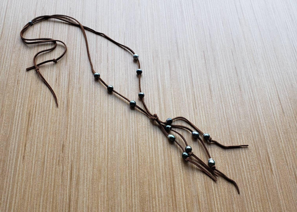 Black Tahitian pearls suede leather necklace, lariat style Y necklace, 3rd anniversary gift for wife,