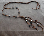 Black Tahitian pearls suede leather necklace, lariat style Y necklace, 3rd anniversary gift for wife,