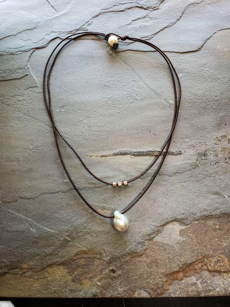 Flame ball White Pearl Leather necklace, statement jewelry, 3rd Anniversary gift for wife,