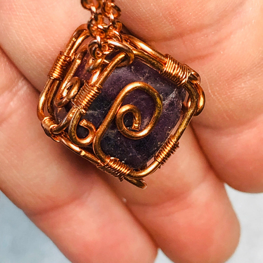 Purple Crystal Cube Necklace, Copper Wire Wrapped Pendant, Gifts for Women, Witch Jewelry