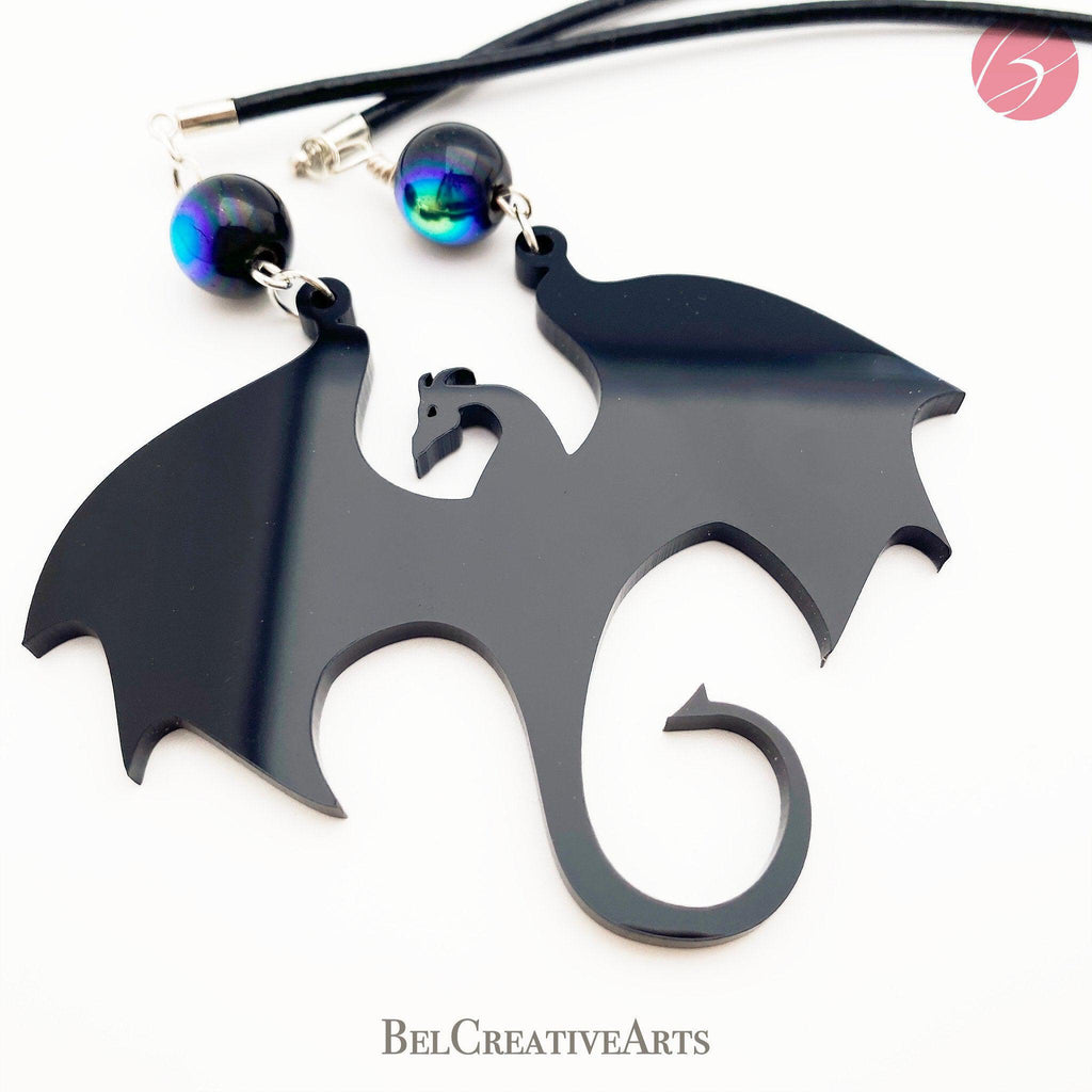 Black Dragon Pendant Necklace with Beads
