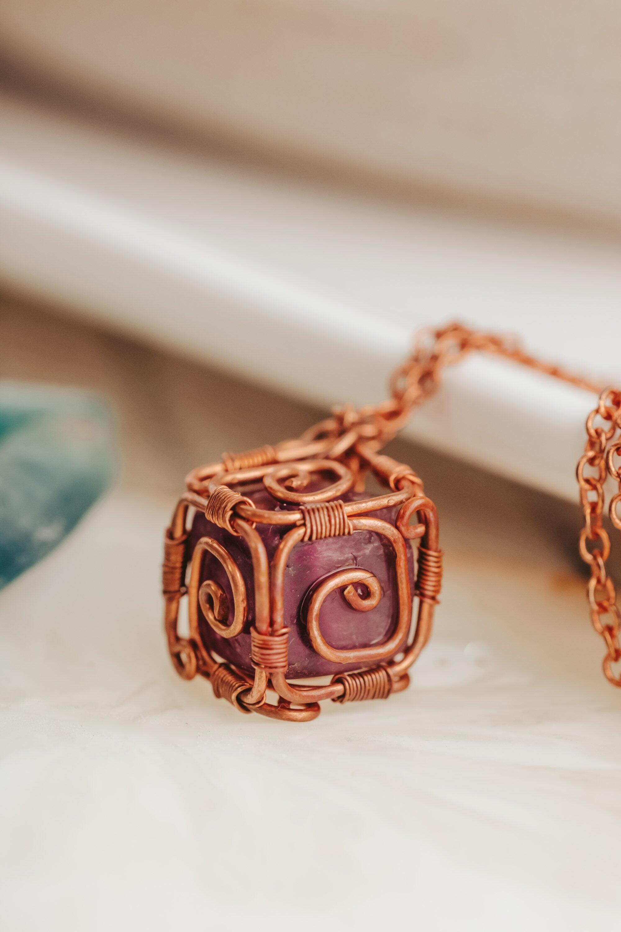 Purple Crystal Cube Necklace, Copper Wire Wrapped Pendant, Gifts for Women, Witch Jewelry