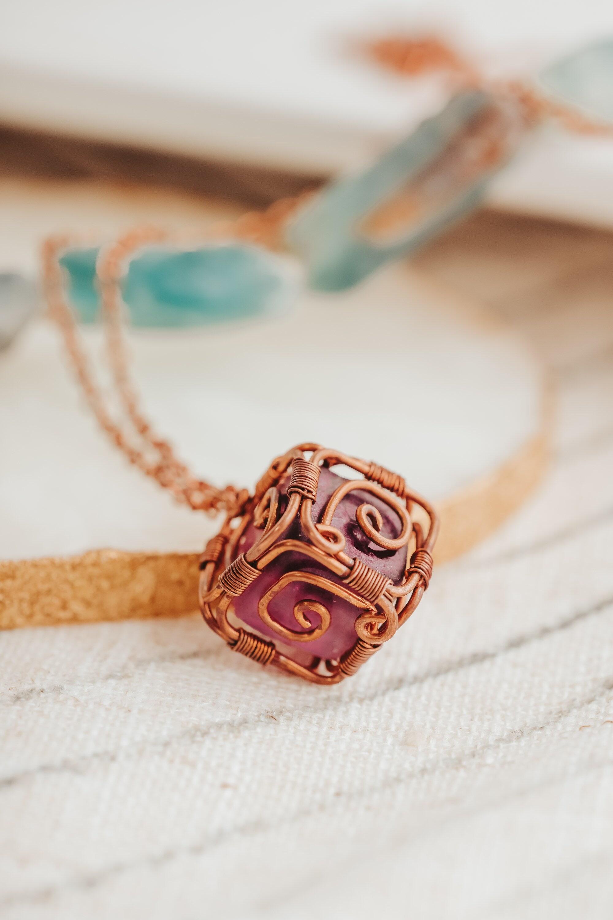 Purple Crystal Cube Necklace, Copper Wire Wrapped Pendant, Gifts for Women, Witch Jewelry