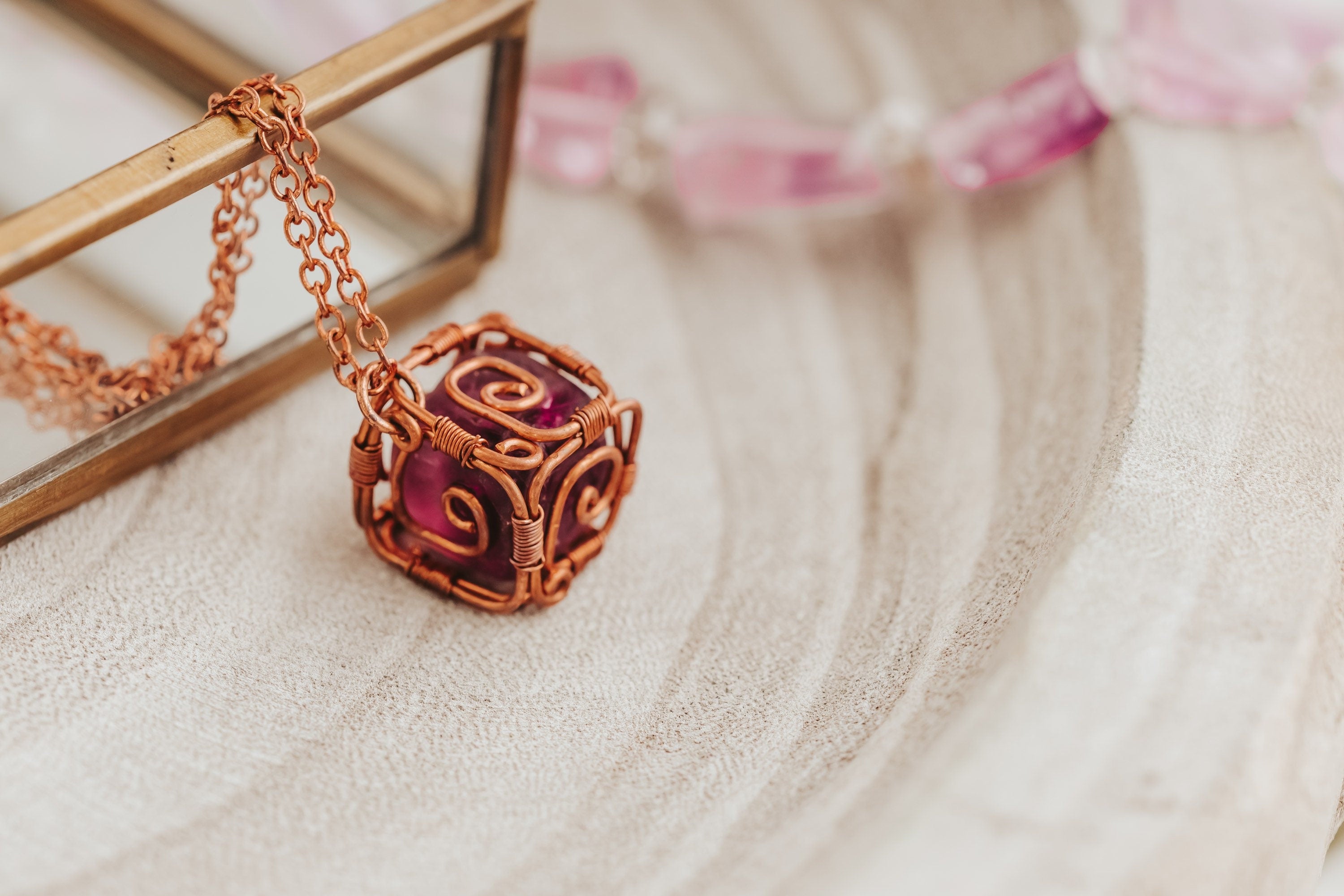 Purple Crystal Cube Necklace, Copper Wire Wrapped Pendant, Gifts for Women, Witch Jewelry