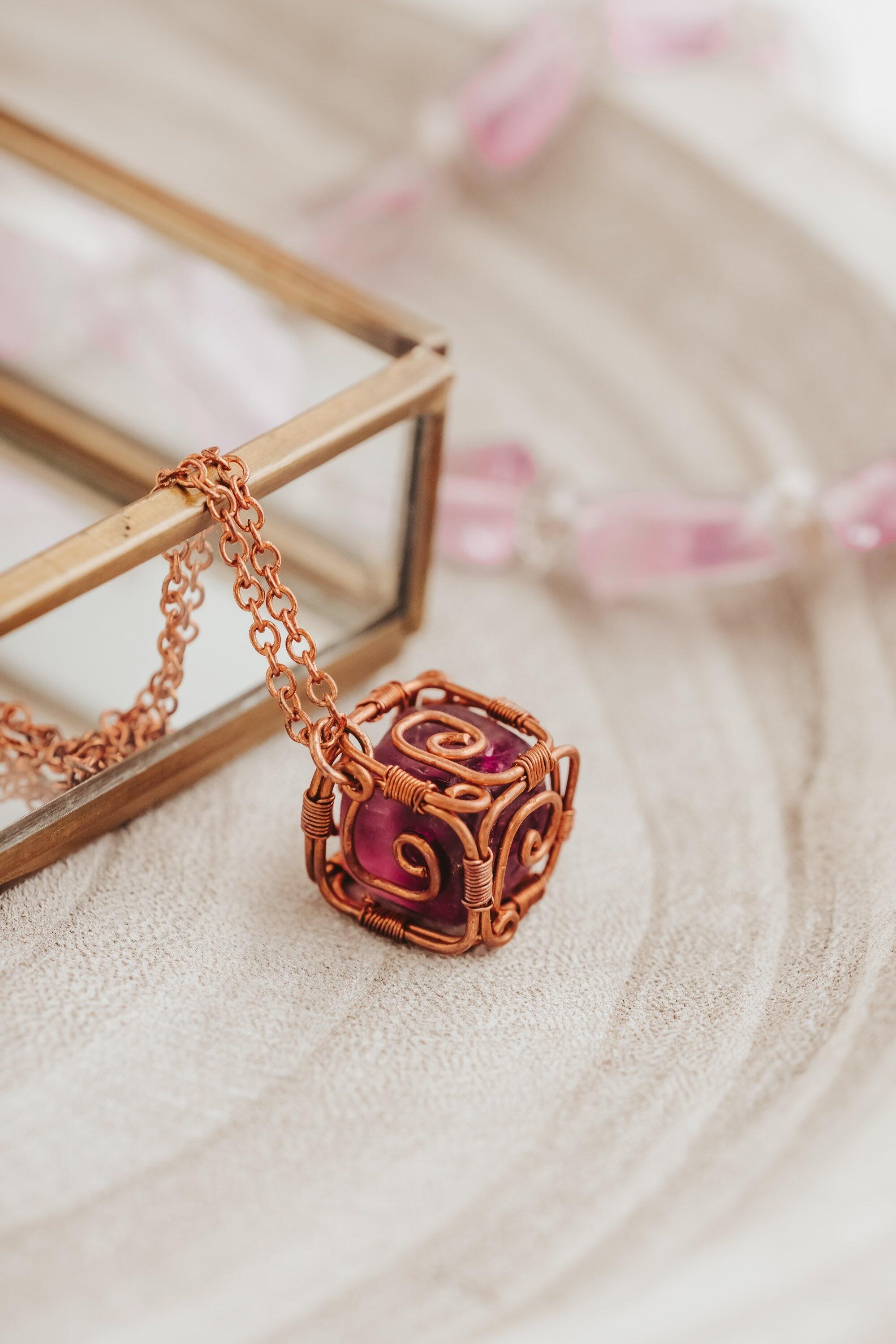 Purple Crystal Cube Necklace, Copper Wire Wrapped Pendant, Gifts for Women, Witch Jewelry