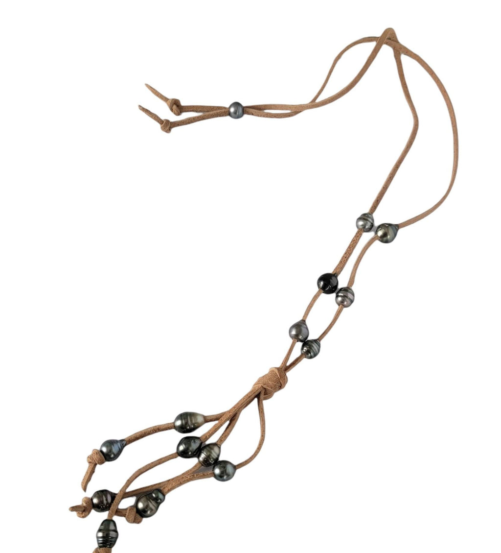 Black Tahitian pearls suede leather necklace, lariat style Y necklace, 3rd anniversary gift for wife,