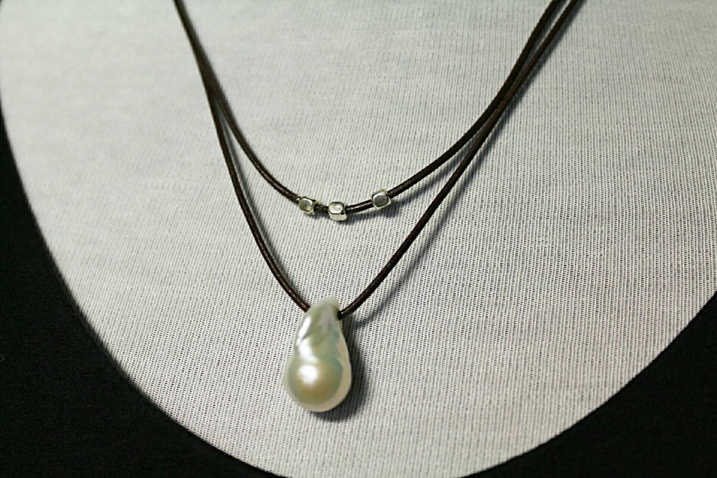 Flame ball White Pearl Leather necklace, statement jewelry, 3rd Anniversary gift for wife,