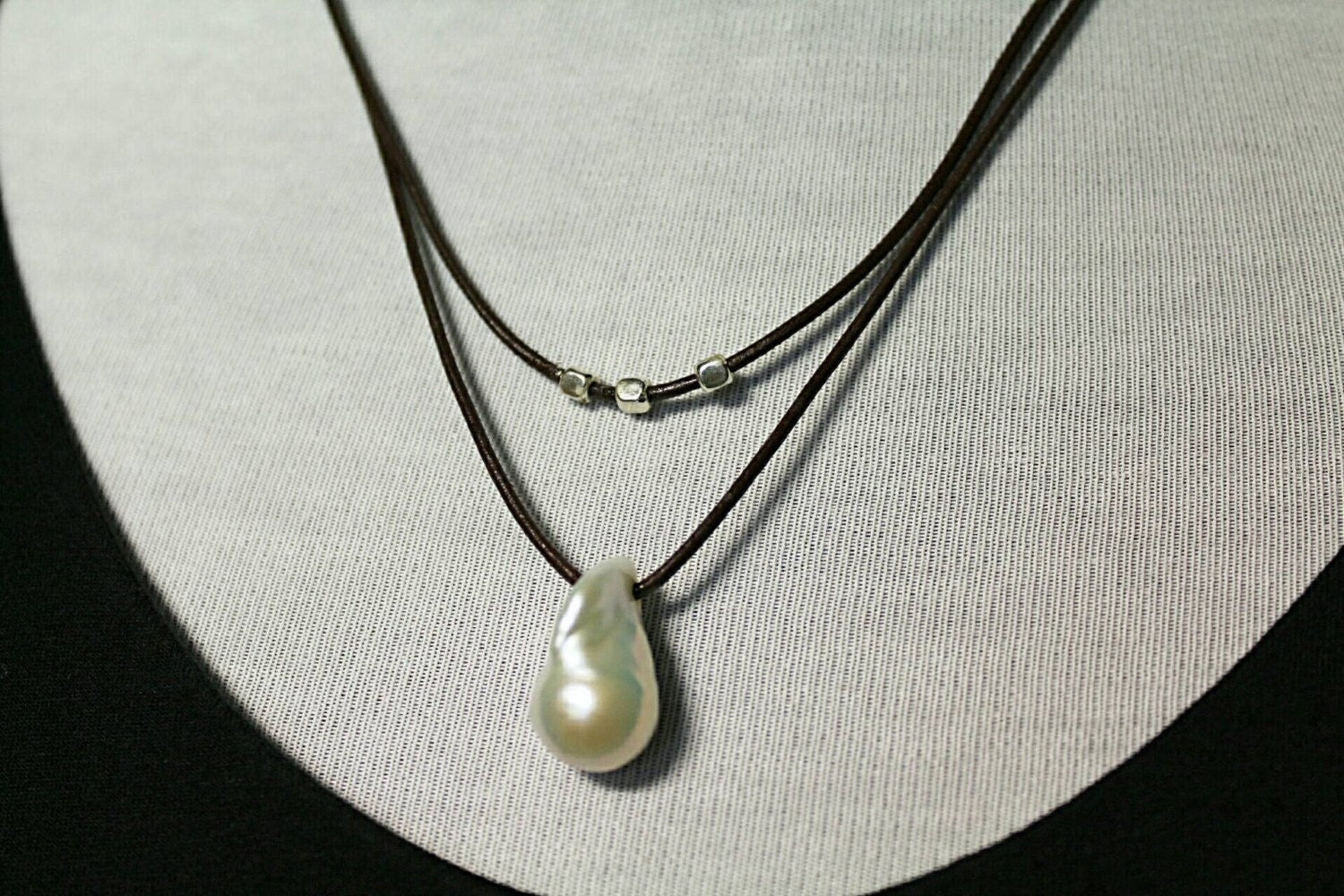 Flame ball White Pearl Leather necklace, statement jewelry, 3rd Anniversary gift for wife,