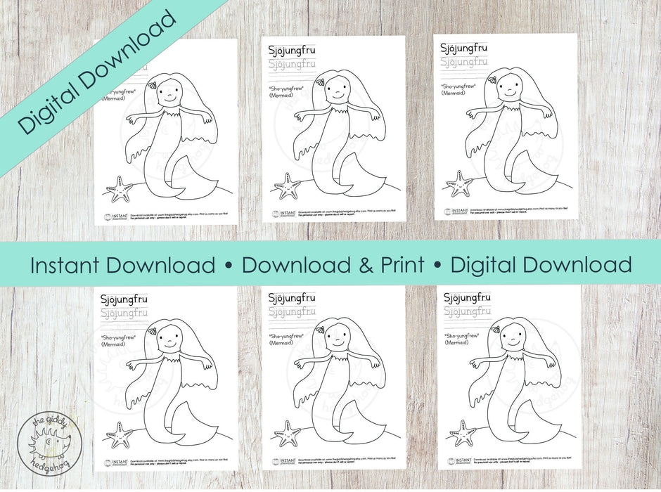 DIY Printable Swedish Mermaid Coloring Page Learn Language Tracing Letters Worksheet Kids Sweden Svensk Målarbok Målarsida Instant Download