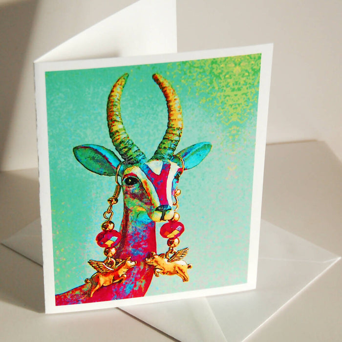 Psychedelic Gazelle Wearing Flying Pig Earrings Blank Note Cards