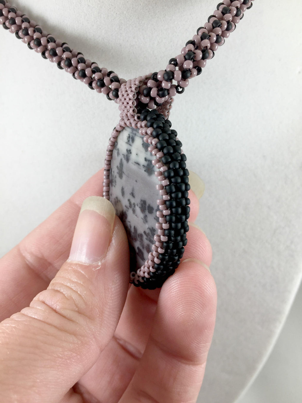 Lavender Jasper Pendant Necklace, Chenille Stitch Beaded Necklace, 18 Inch
