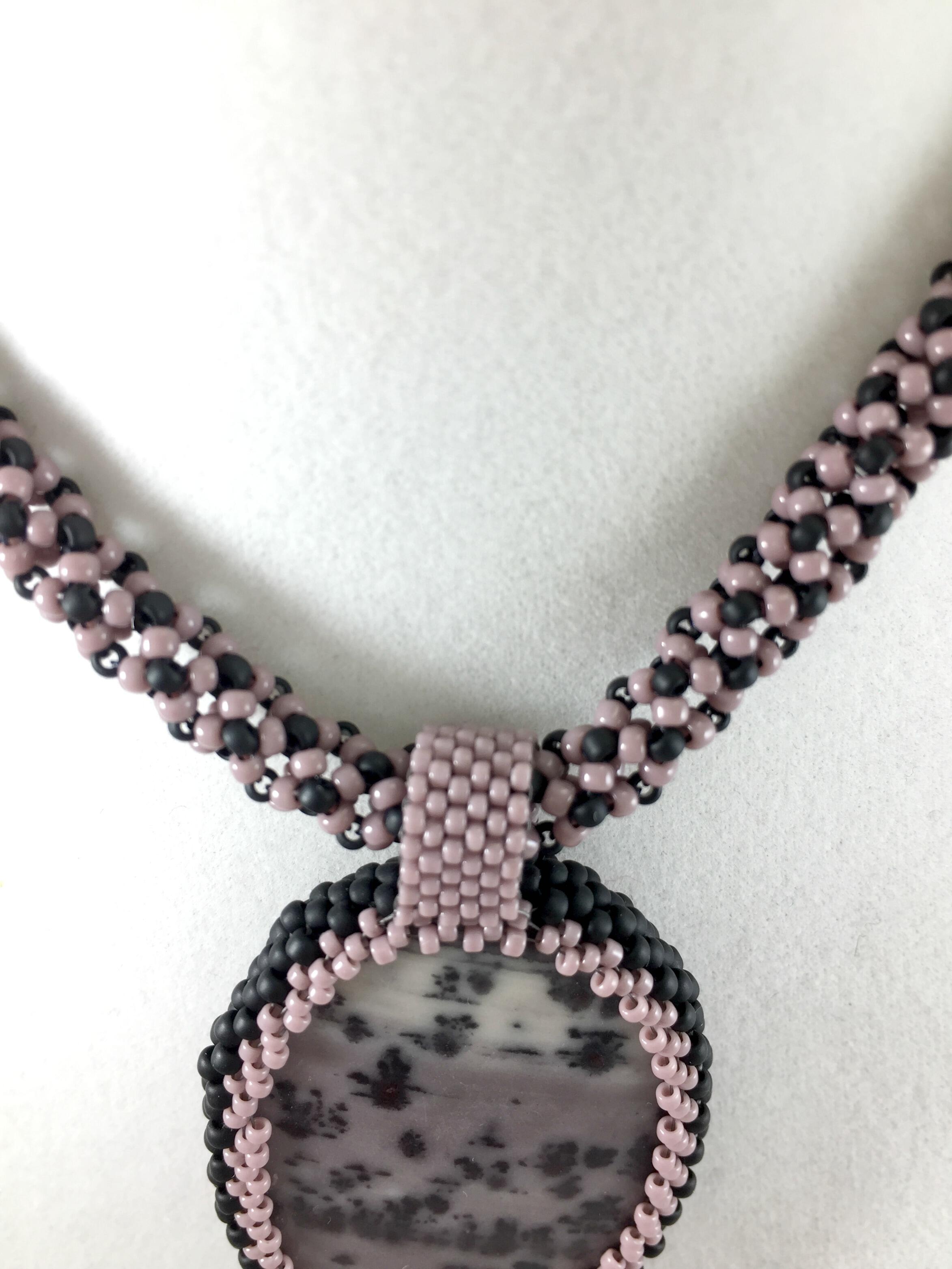 Lavender Jasper Pendant Necklace, Chenille Stitch Beaded Necklace, 18 Inch