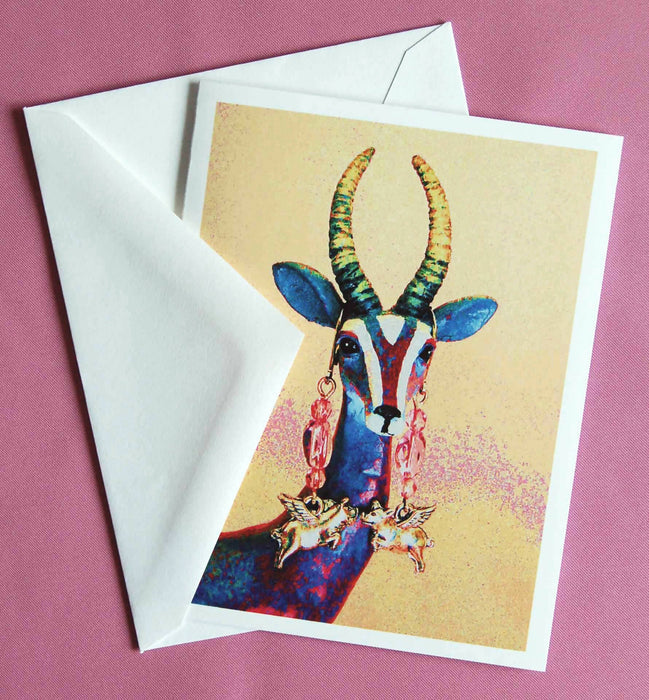 Psychedelic Gazelle Wearing Flying Pig Earrings Blank Note Cards