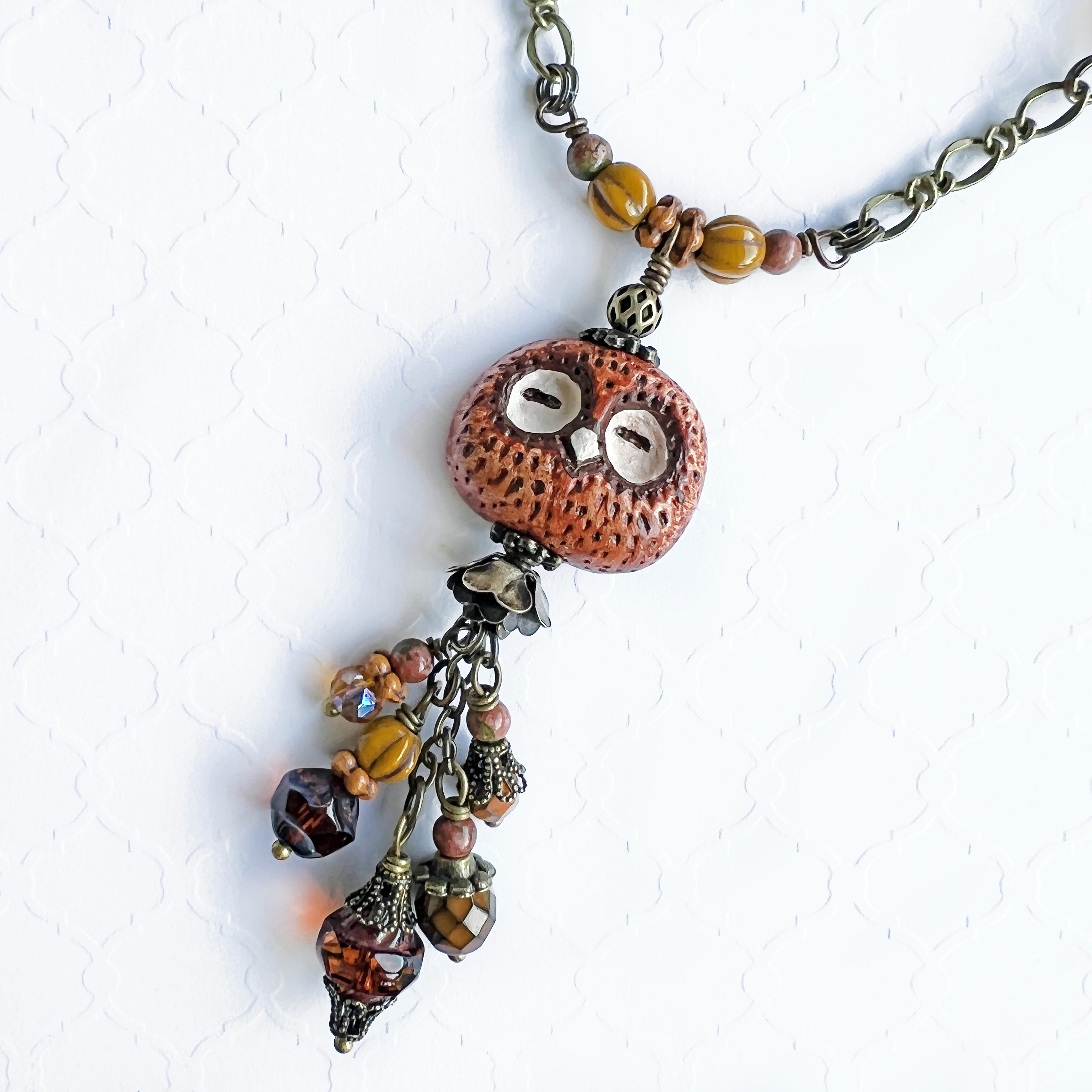 Bohemian Owl Tassel Necklace, Antique Brass Necklace, 24 Inches Long