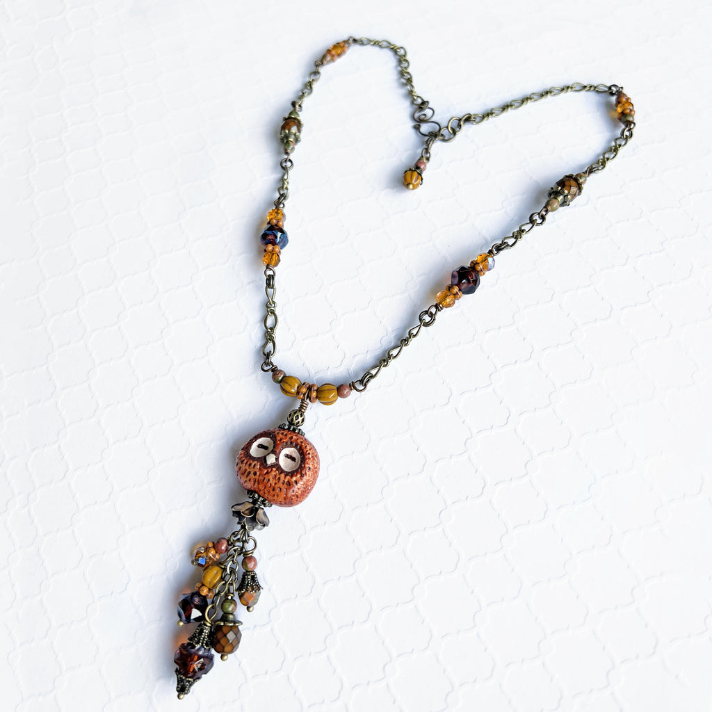 Bohemian Owl Tassel Necklace, Antique Brass Necklace, 24 Inches Long