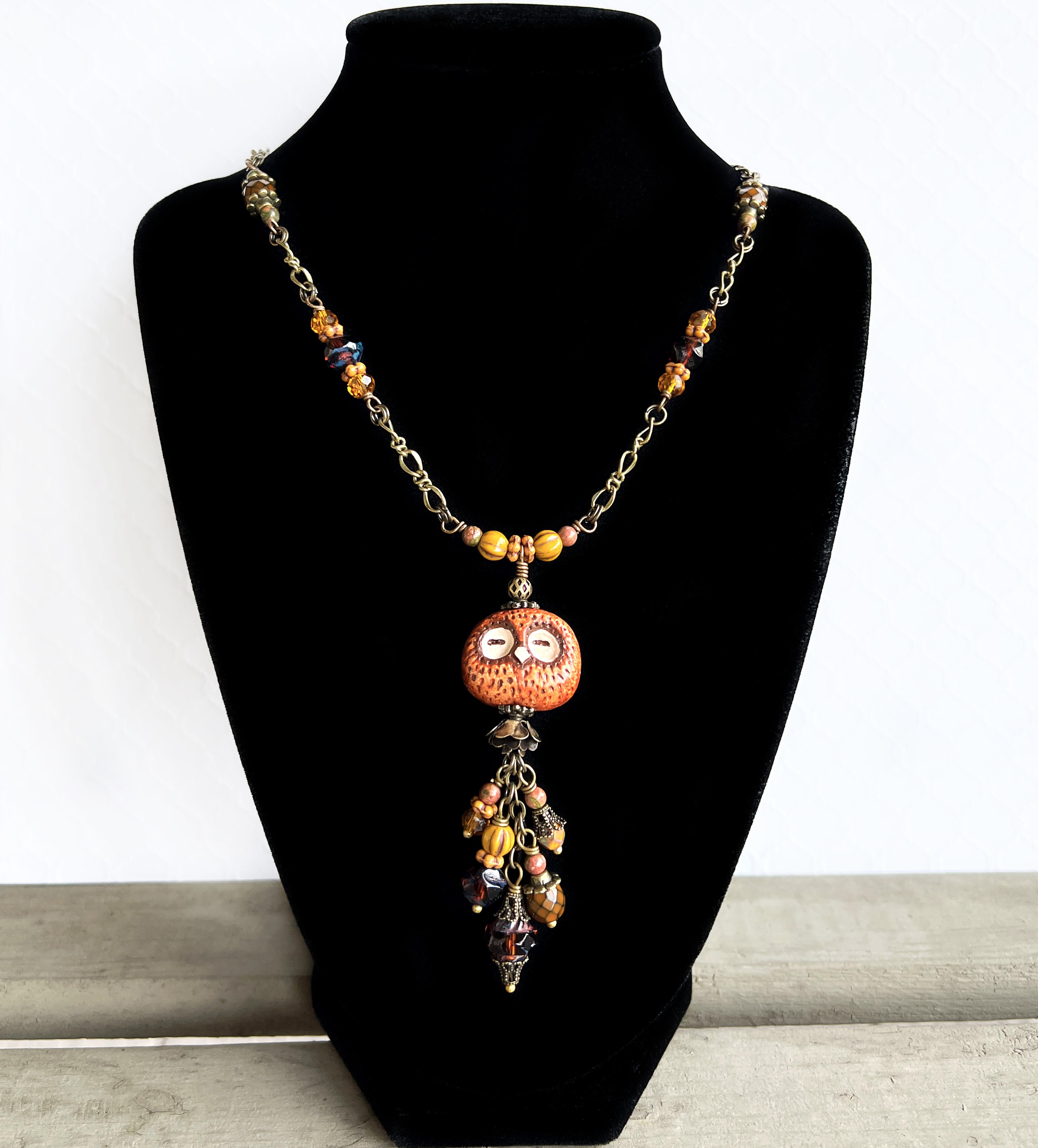 Bohemian Owl Tassel Necklace, Antique Brass Necklace, 24 Inches Long