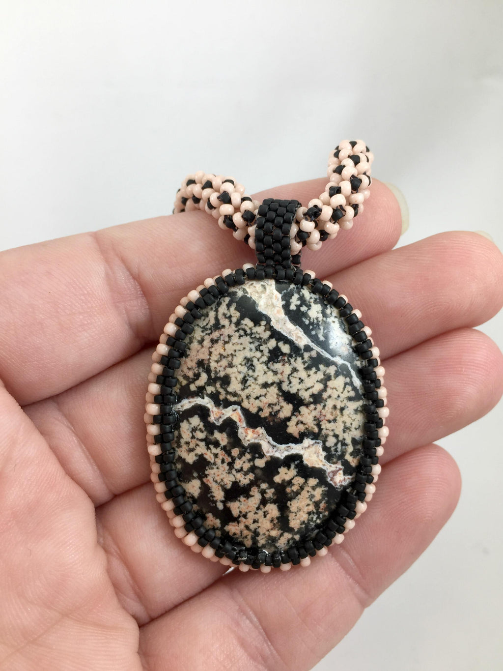 Pink and Black Jasper Pendant on Chenille Stich Beaded Necklace, 20 Inch