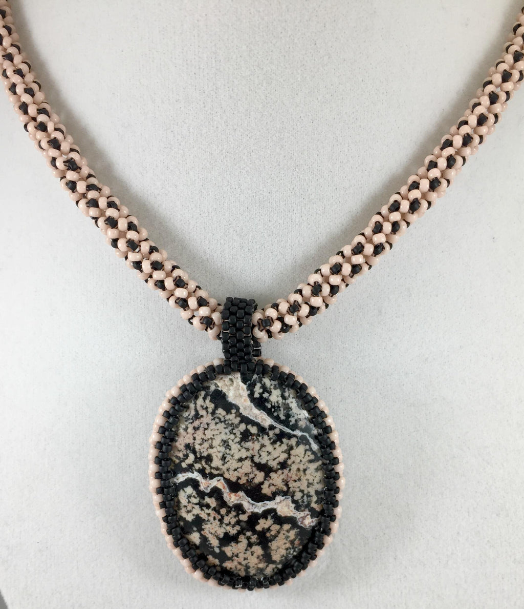Pink and Black Jasper Pendant on Chenille Stich Beaded Necklace, 20 Inch