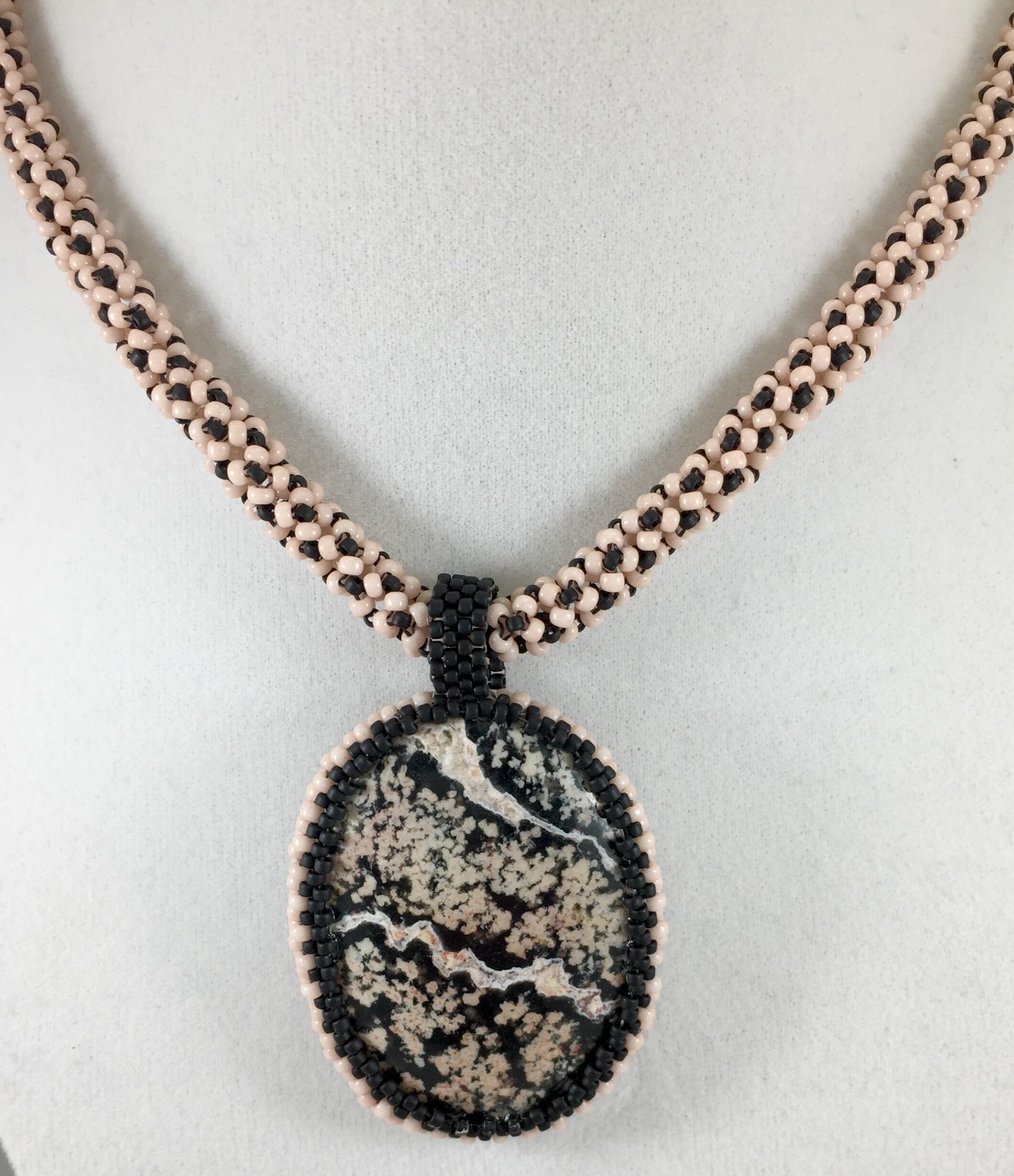 Pink and Black Jasper Pendant on Chenille Stich Beaded Necklace, 20 Inch