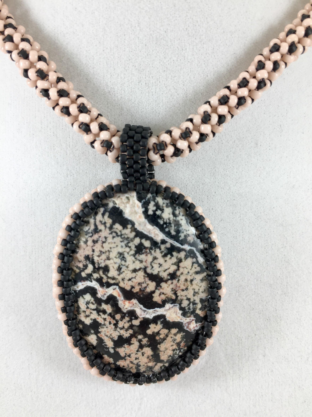 Pink and Black Jasper Pendant on Chenille Stich Beaded Necklace, 20 Inch