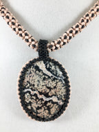 Pink and Black Jasper Pendant on Chenille Stich Beaded Necklace, 20 Inch