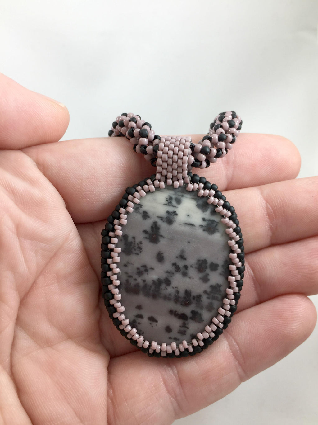 Lavender Jasper Pendant Necklace, Chenille Stitch Beaded Necklace, 18 Inch