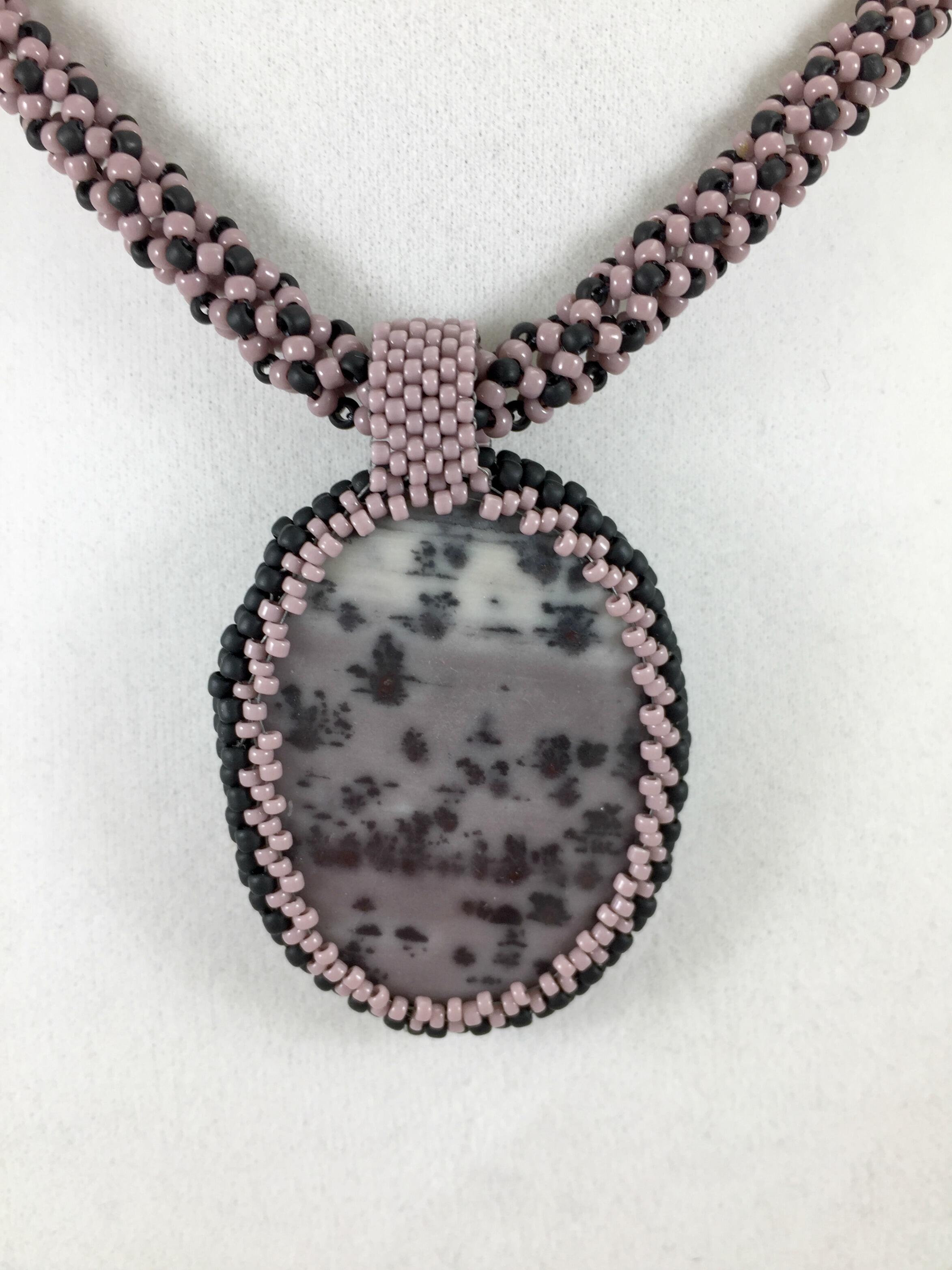 Lavender Jasper Pendant Necklace, Chenille Stitch Beaded Necklace, 18 Inch