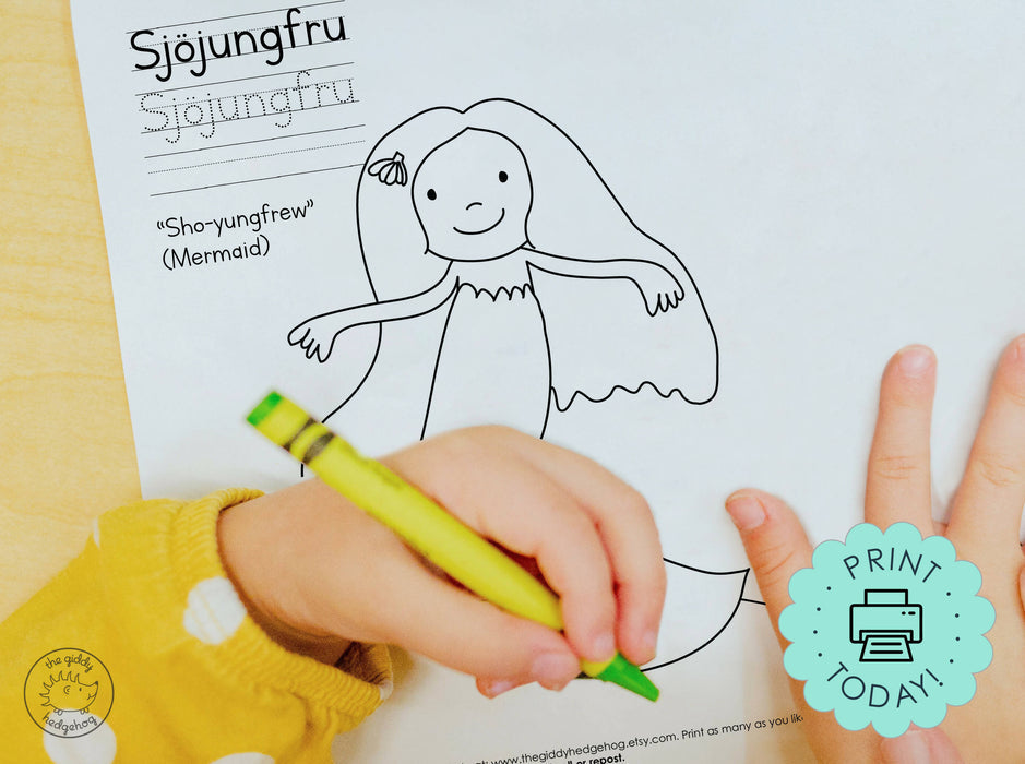 DIY Printable Swedish Mermaid Coloring Page Learn Language Tracing Letters Worksheet Kids Sweden Svensk Målarbok Målarsida Instant Download