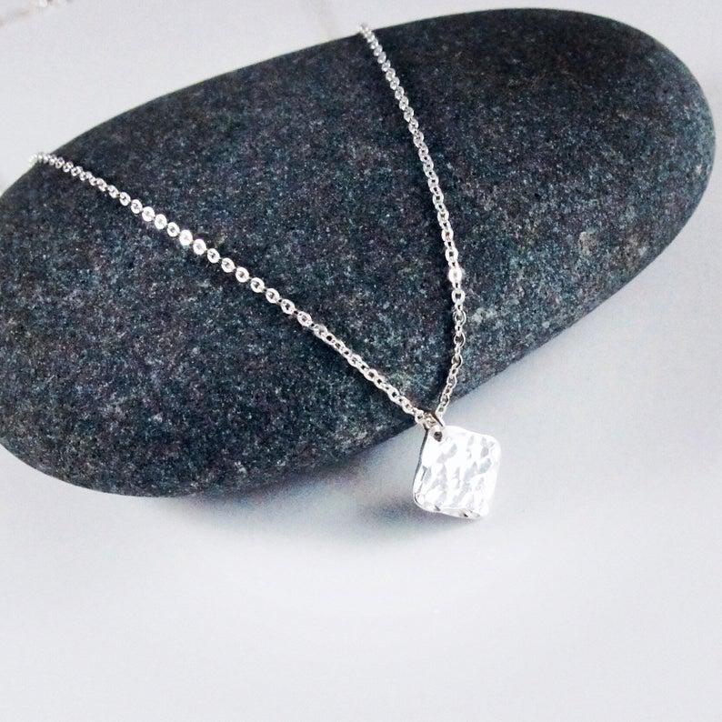 Hammered sterling silver diamond necklace