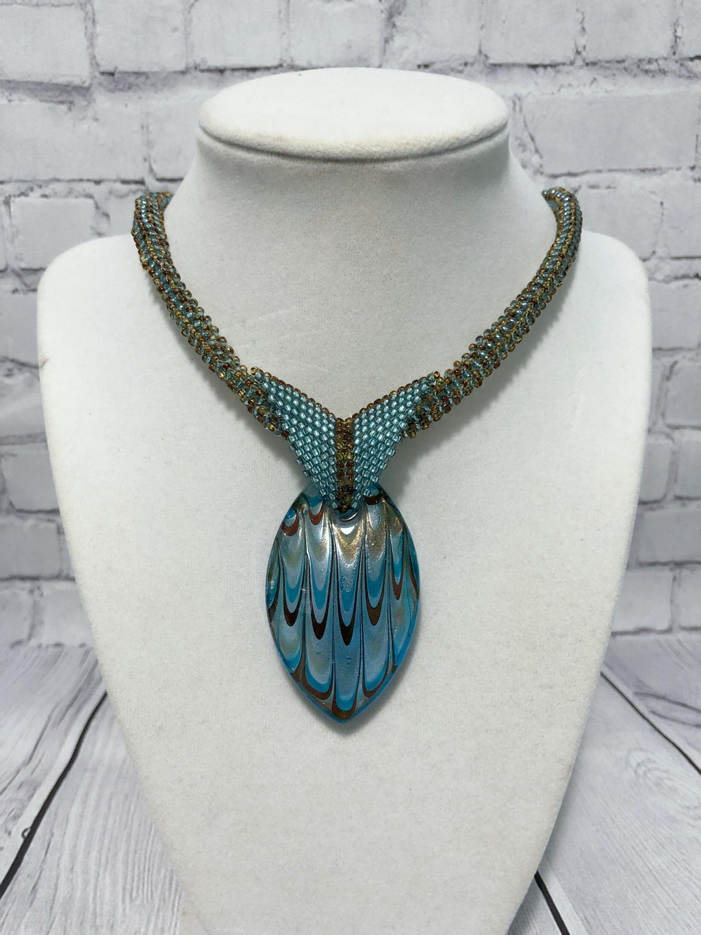 Teal and Brown Glass Pendant Necklace, Beaded Necklace, Nickel Free, 19 Inch