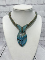 Teal and Brown Glass Pendant Necklace, Beaded Necklace, Nickel Free, 19 Inch