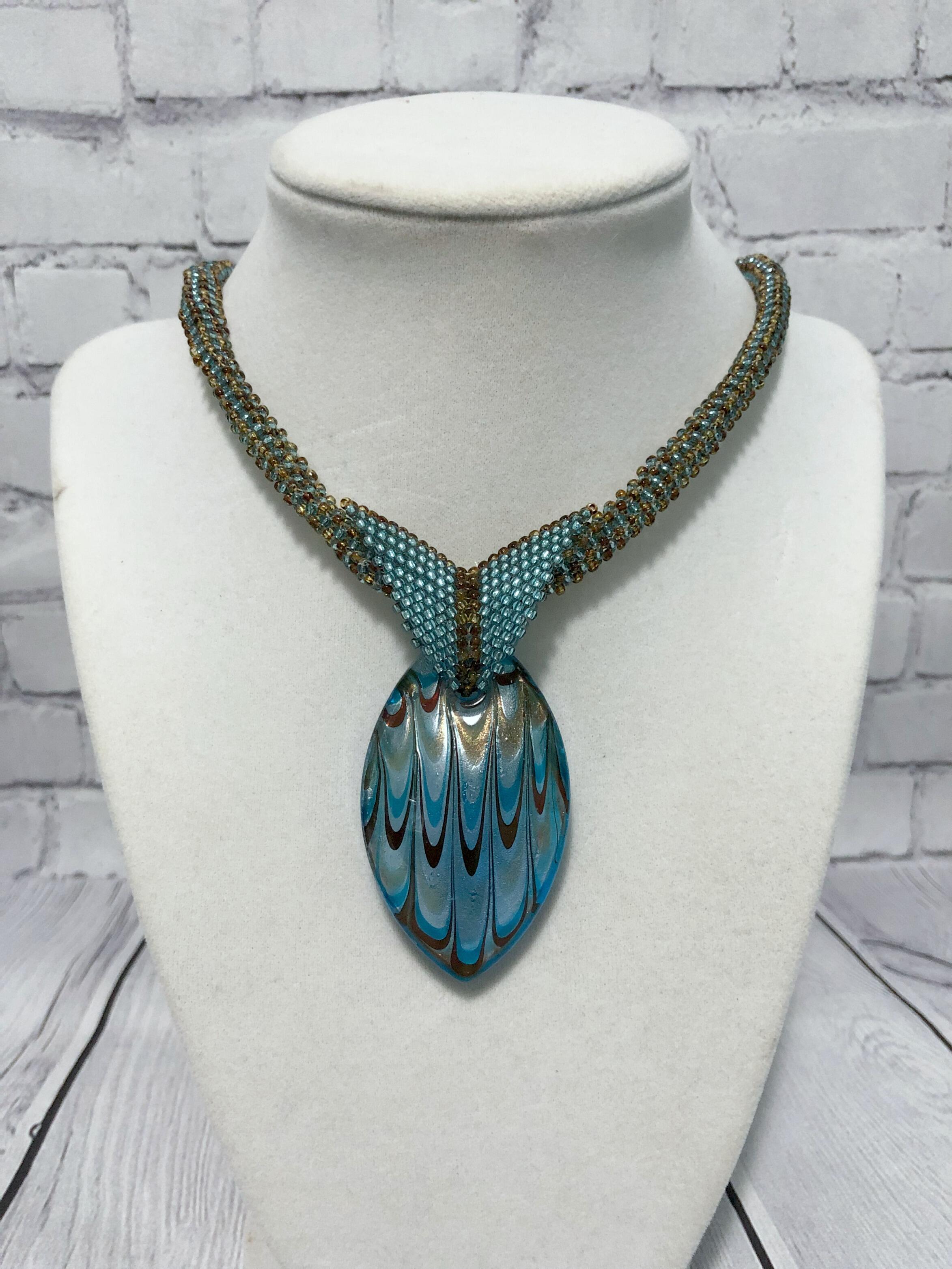 Teal and Brown Glass Pendant Necklace, Beaded Necklace, Nickel Free, 19 Inch