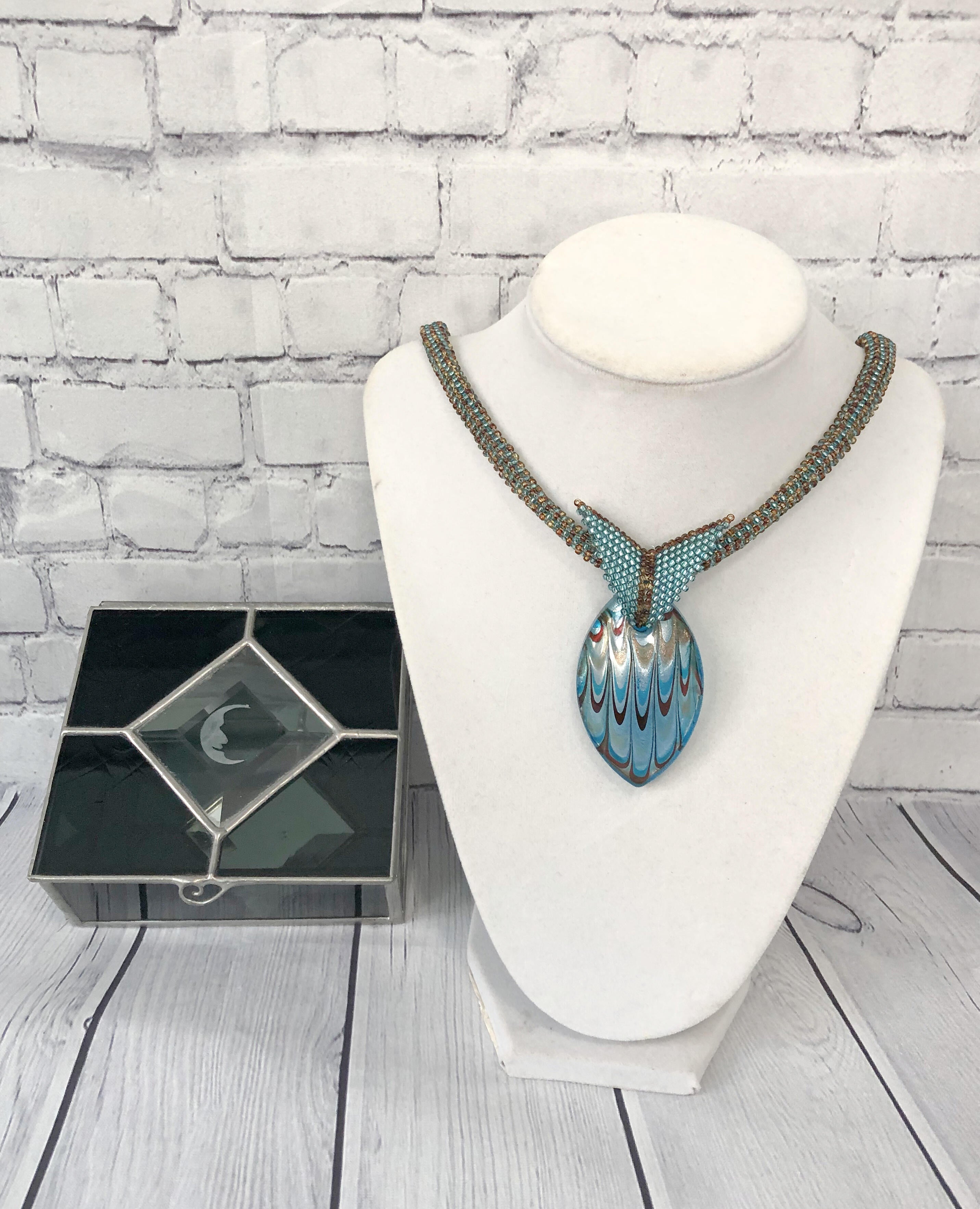 Teal and Brown Glass Pendant Necklace, Beaded Necklace, Nickel Free, 19 Inch